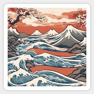 mountain and waves of japan Sticker